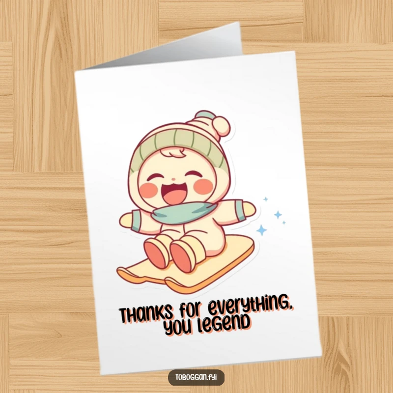 Funny Free Printable Thank You Card: Character laughing while sledding fast down a snow-covered hill. A joyful downloadable thank you.