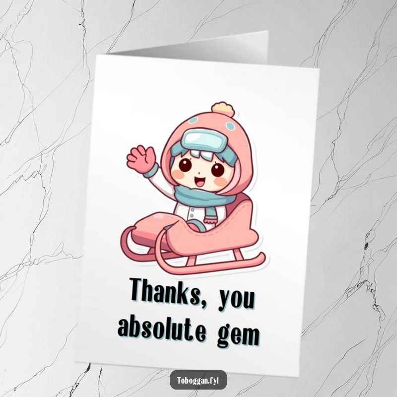 Funny free printable thank you card of a character sharing a sled and giving a warm, friendly wave.