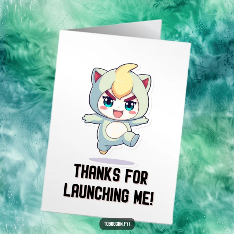 Funny free printable thank you card: a character making a determined jump, expressing gratitude with energetic flair.