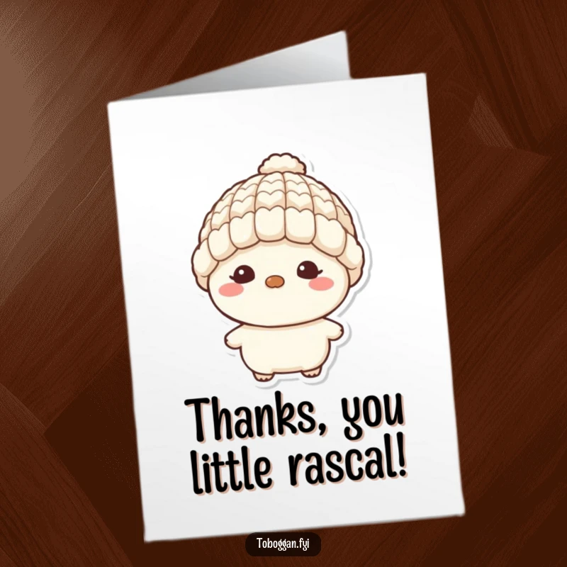 Funny free printable thank you card: a character with a mischievous grin and tiny hat, offering thanks with a playful spirit.