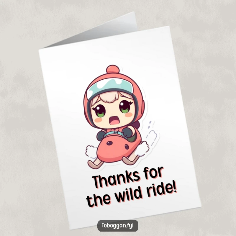 Funny free printable thank you card with a character surprised by their speeding sled, a hilarious way to say thanks.