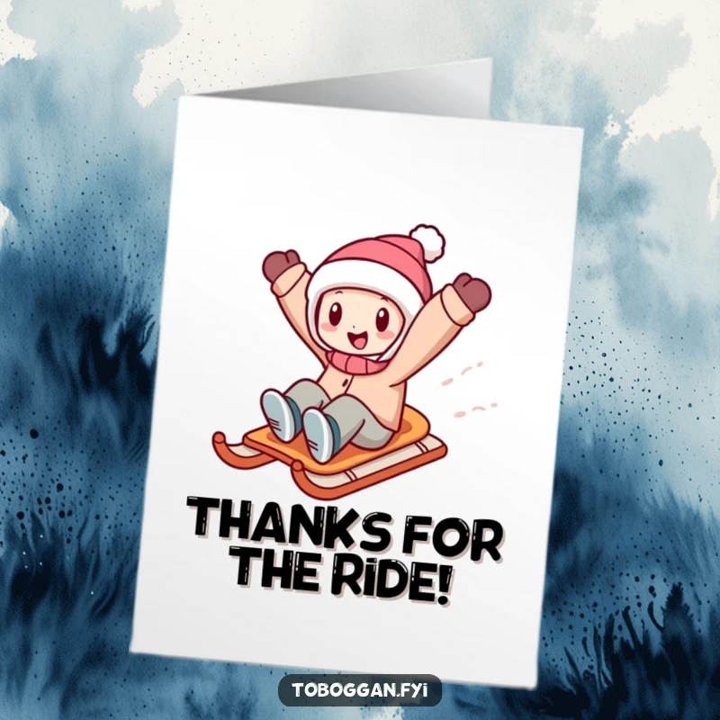 Funny free printable thank you card featuring a character zooming downhill on a sled, arms in the air.