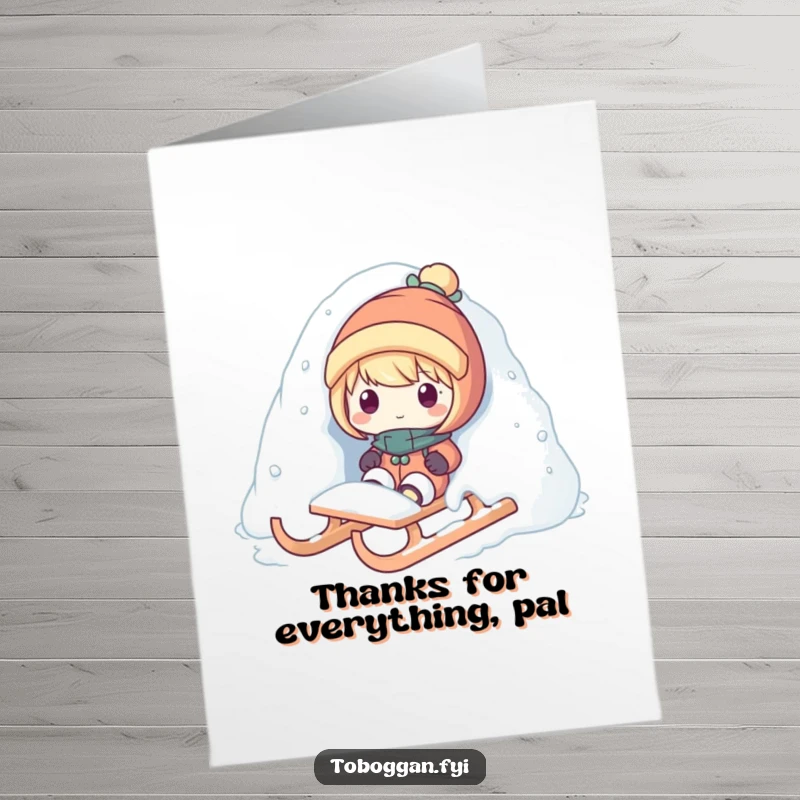 Funny free printable thank you card of a character emerging playfully from snow on a sled.