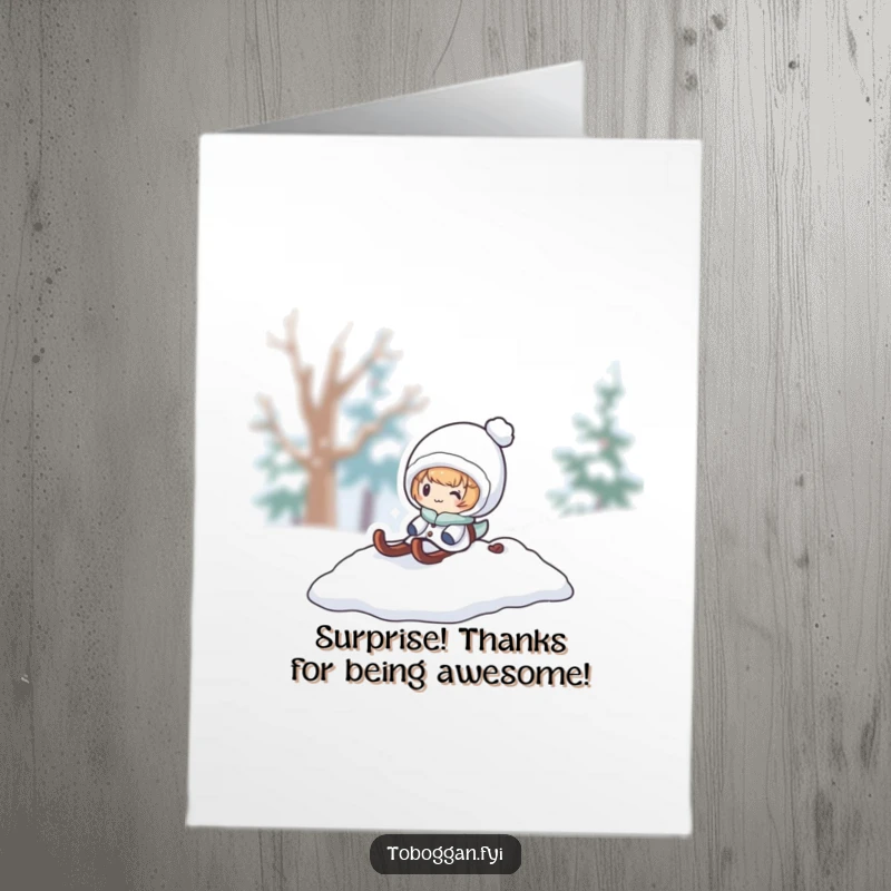 Funny Free Printable Thank You Card: A character pops out of a snowy sled, offering a cute and humorous thank you.
