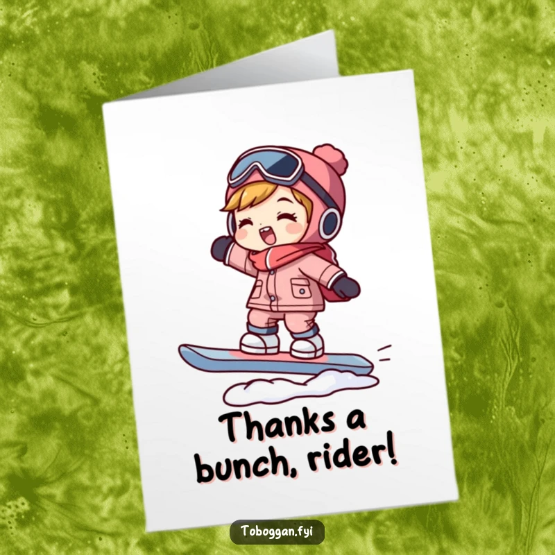 Funny free printable thank you card: a character giving thanks while balancing on a snowboard, full of gratitude.