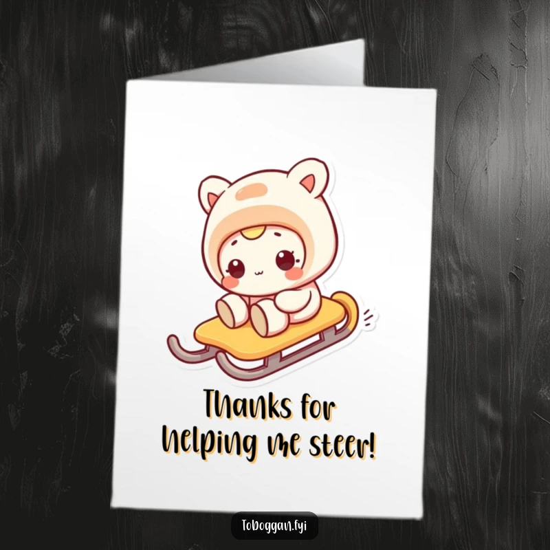 Funny free printable thank you card depicting a character humorously losing control on a sled, making a silly face.