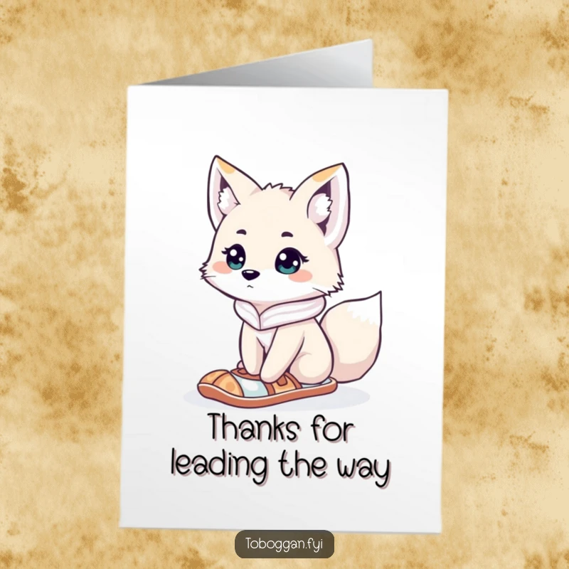 Funny Free Printable Arctic Fox Thank You Card: A curious fox looking lost with snowshoes expresses thankfulness.