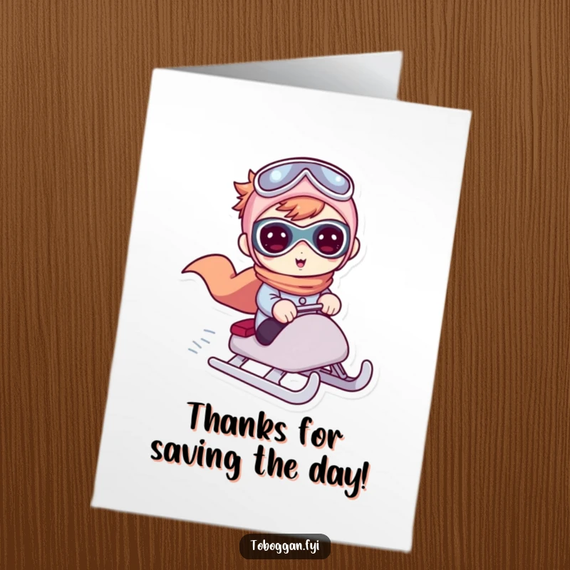 Funny Free Printable Thank You Card: Cute Character Pretends to be Superhero Riding a Sled