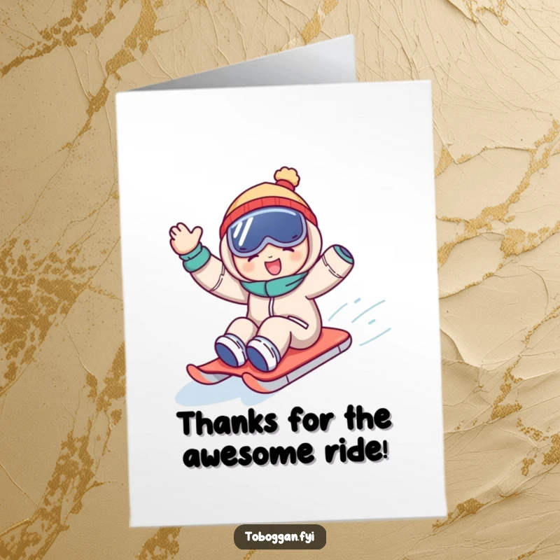 Funny Free Printable Thank You Card: Character sledding downhill, waving with a big smile to express sincere and humorous thanks.