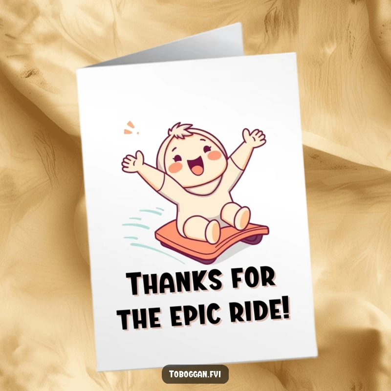 Funny Free Printable Thank You Card featuring a happy character sliding down a small hill, a delightful way to say thanks.