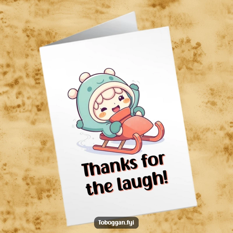 Funny free printable thank you card depicting a character comically falling off a sled with a hilarious, silly expression of surprise.