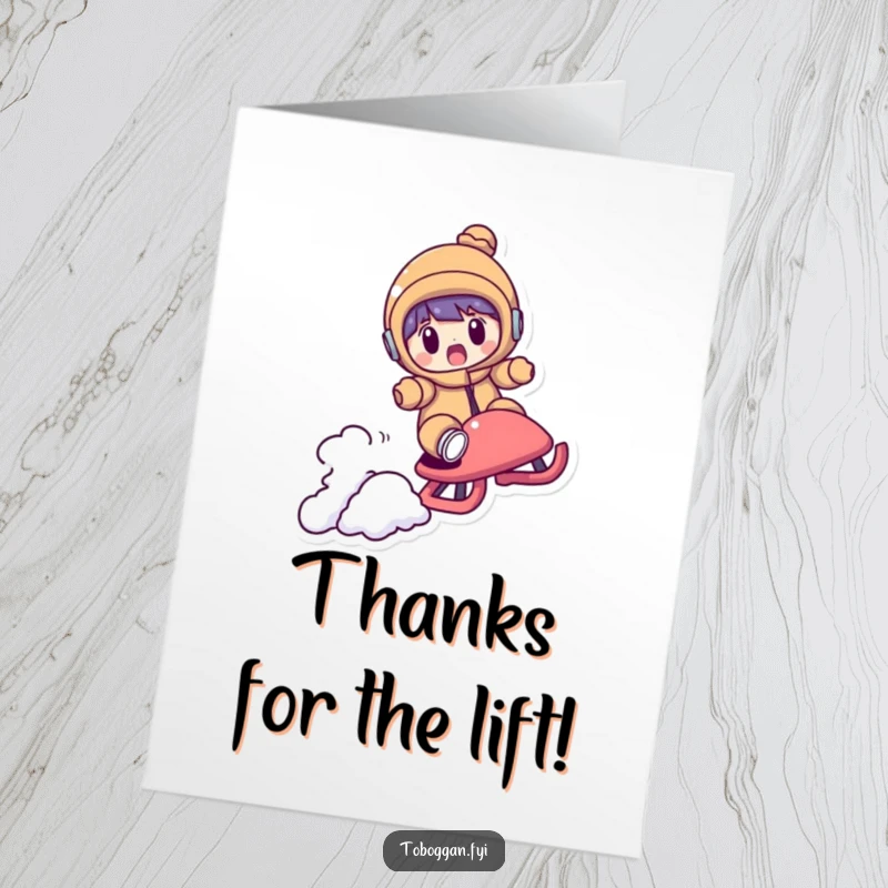 Funny Free Printable Thank You Card: Character with a shocked expression as their sled flies over a bump.