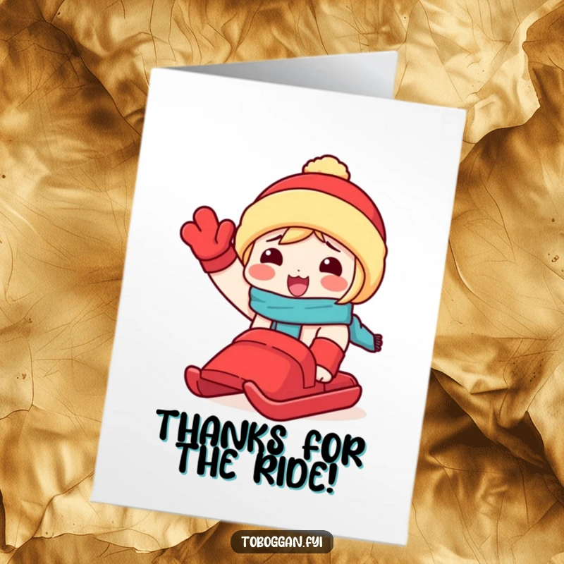 Funny free printable thank you card: a character happily waving a red toboggan, sending thanks with wintery joy.