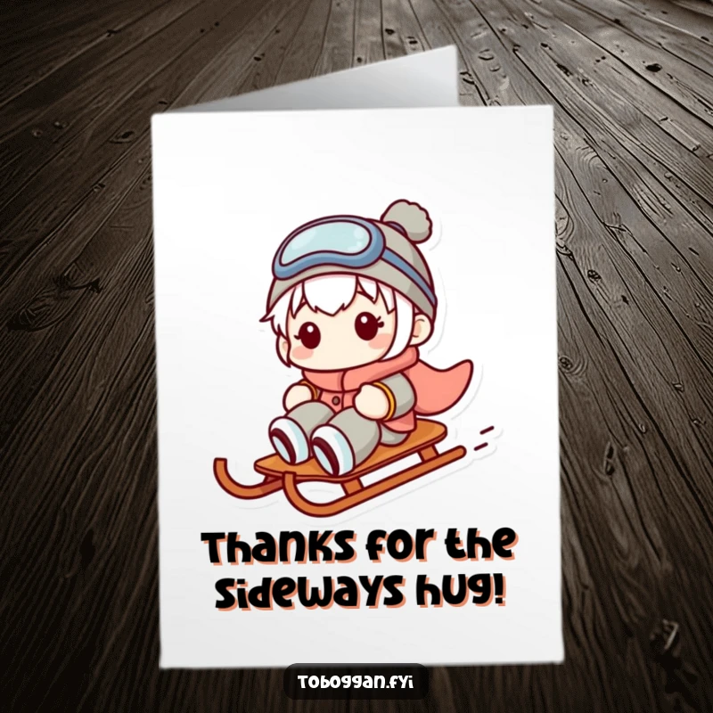 Funny Free Printable Thank You Card: Character with a wide, comical grimace as their sled skids sideways down a slope.