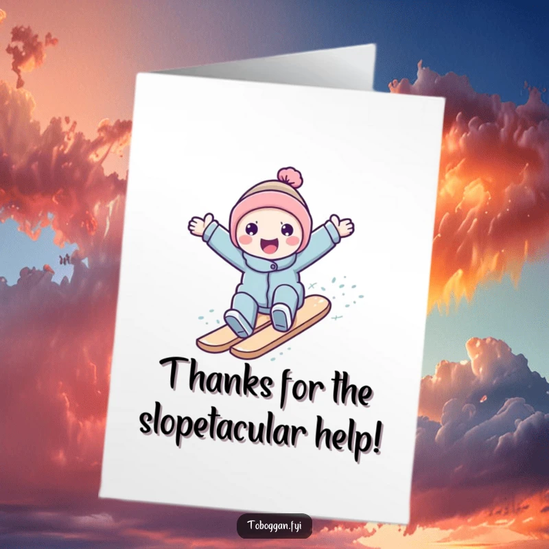 Funny Free Printable Thank You Card: A happy character arms outstretched surfs downhill on snow, conveying thanks with a playful spirit.