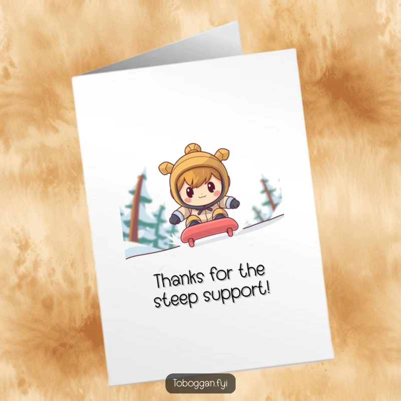 Funny Free Printable Thank You Card: A determined character focuses intensely while racing down a steep toboggan run, expressing thanks humorously.