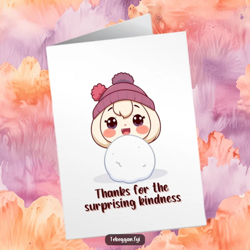 Funny Free Printable Thank You Card of a character with a surprised but happy expression spotting a snowball flying their way, ready for fun.
