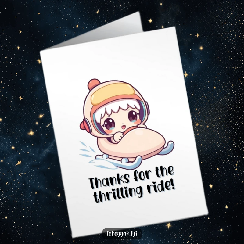 Funny Free Printable Thank You Card: Character looking shocked as their sled gains incredible speed down a snowy hill.