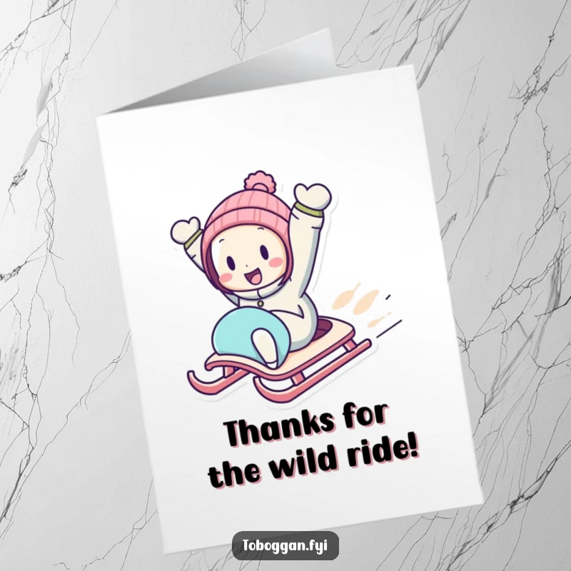 Funny Free Printable Thank You Card: Character on a sled zooming downhill, arms in the air, conveying pure happiness.