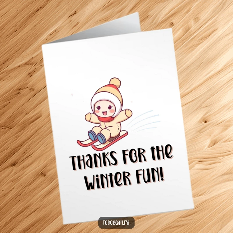 Funny Free Printable Thank You Card: Happy character sledding fast down a snowy slope, conveying energetic gratitude.