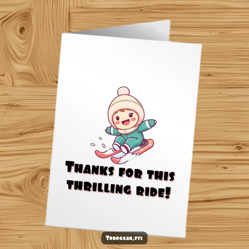 Funny Free Printable Thank You Card: Cute character skiing downhill, conveying thanks with speed and joy.