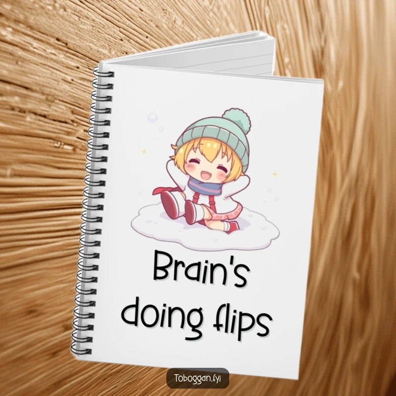 Funny notebook with a cartoon character playfully tumbling head over heels in snow, perfect for capturing ideas with joy.