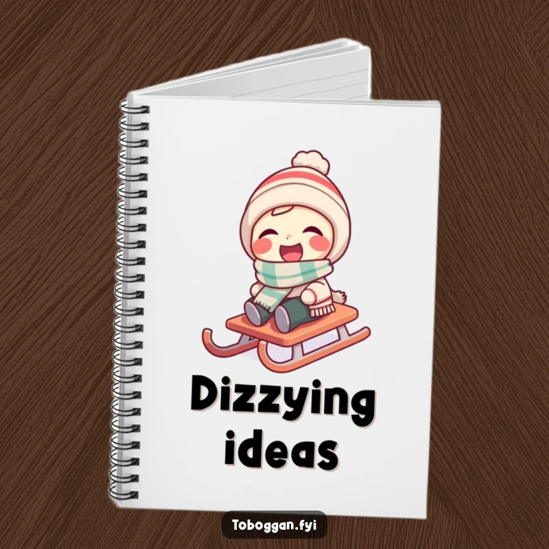 Funny character wearing a tiny scarf laughs as their sled spins on a notebook.