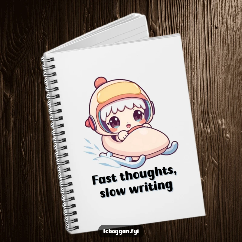 Funny notebook cover with a character looking surprised on a speeding sled, ready for jotting down notes and ideas.