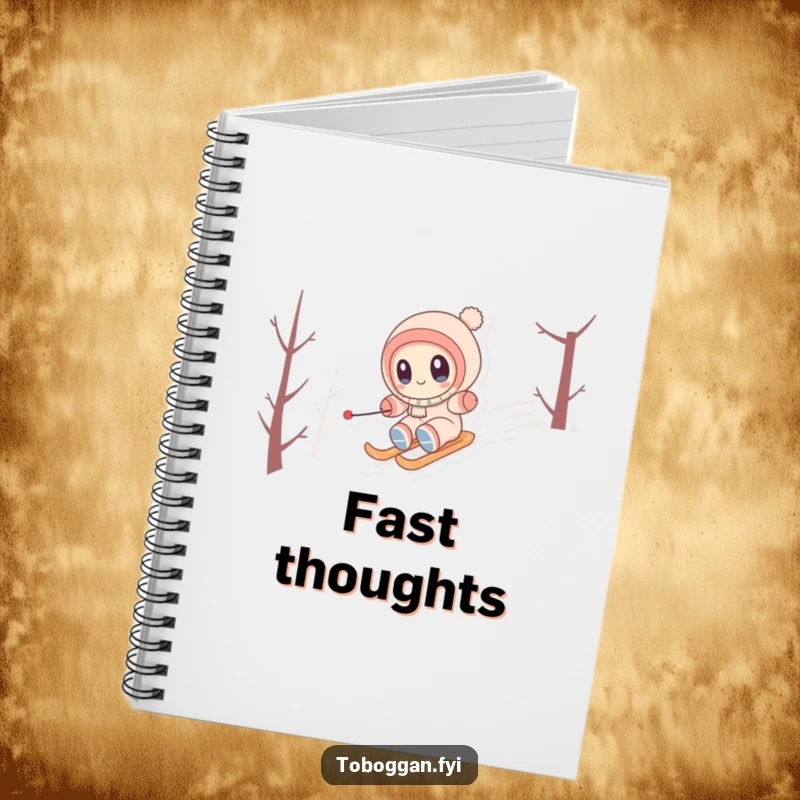 Funny Notebook cover with a cute character with wide eyes, happily zipping down a snowy hill, inspiring winter tales.