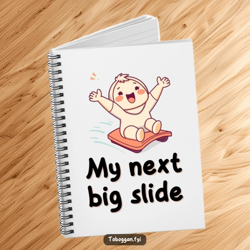 Funny notebook featuring a cute character enthusiastically sliding down a slope, perfect for jotting down fun ideas.