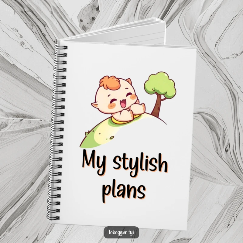 Funny sledding notebook with a character sliding down a hill and winking cheekily, perfect for notes and ideas.