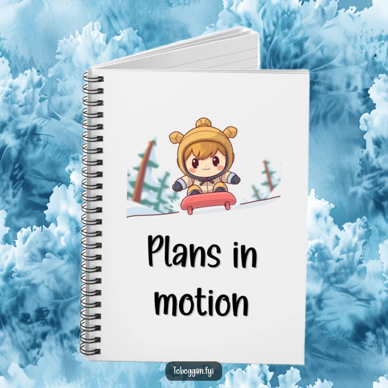 Funny character with a focused expression racing down a toboggan run on a notebook cover, inspiring goals.