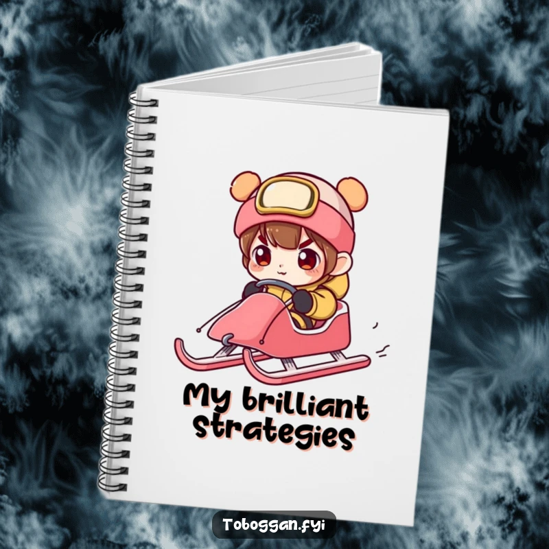Funny character steering a sled with exaggerated concentration, featured on a notebook for planning and focused thoughts.