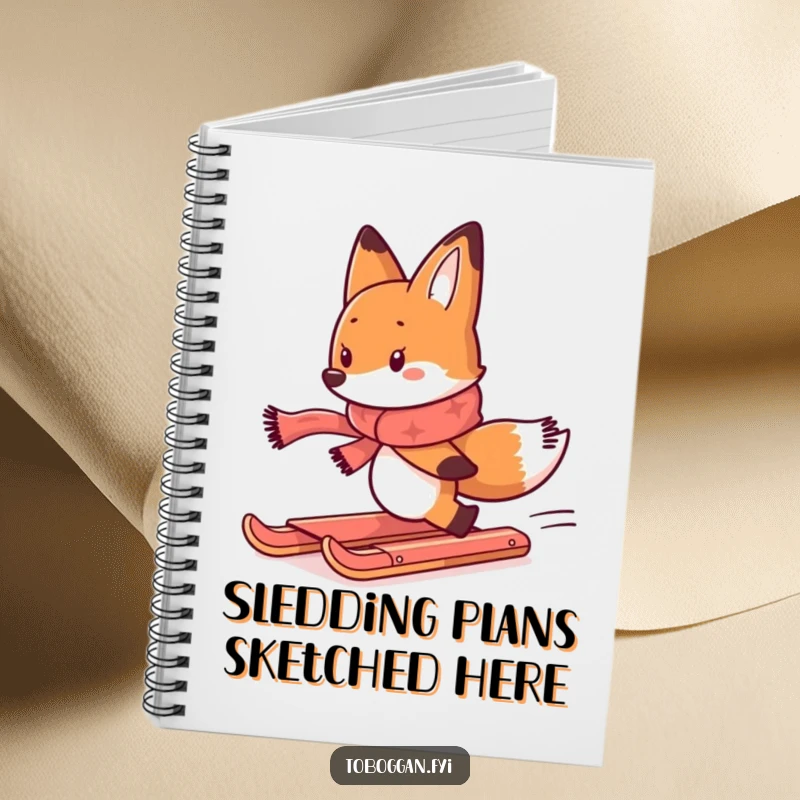 Funny notebook with a determined fox in a scarf, comically chasing a runaway toboggan, for creative notes.