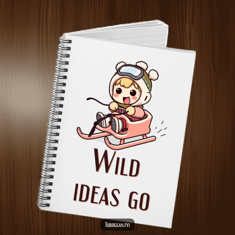 Funny notebook cover with a character comically failing to steer a sled, perfect for jotting down ideas.