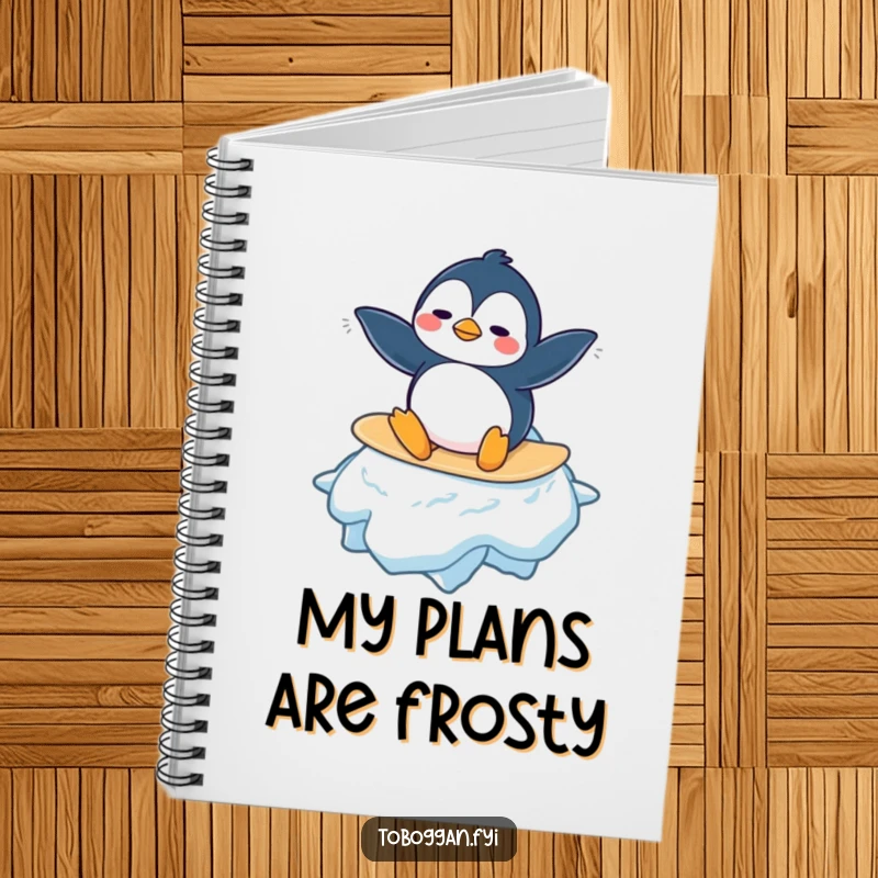 Funny Penguin Notebook: A confused penguin character is illustrated trying to surf a giant snowflake, perfect for jotting down humorous notes and ideas.