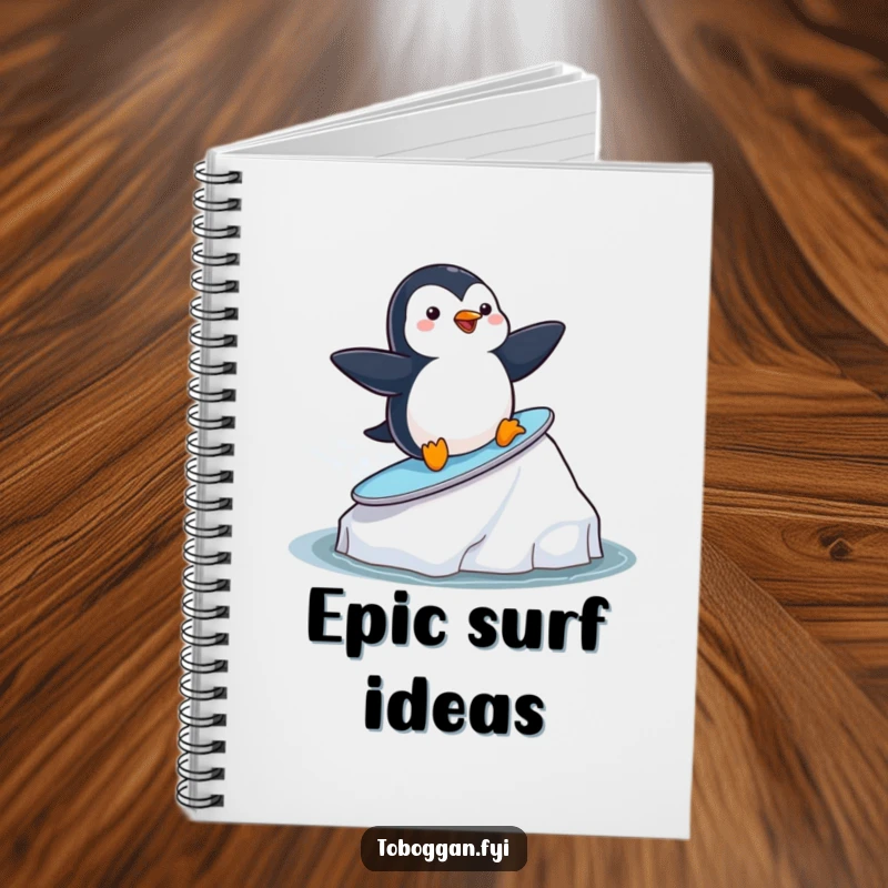 Funny playful penguin surfing on an iceberg on a notebook, perfect for journaling with a touch of sunny humor.