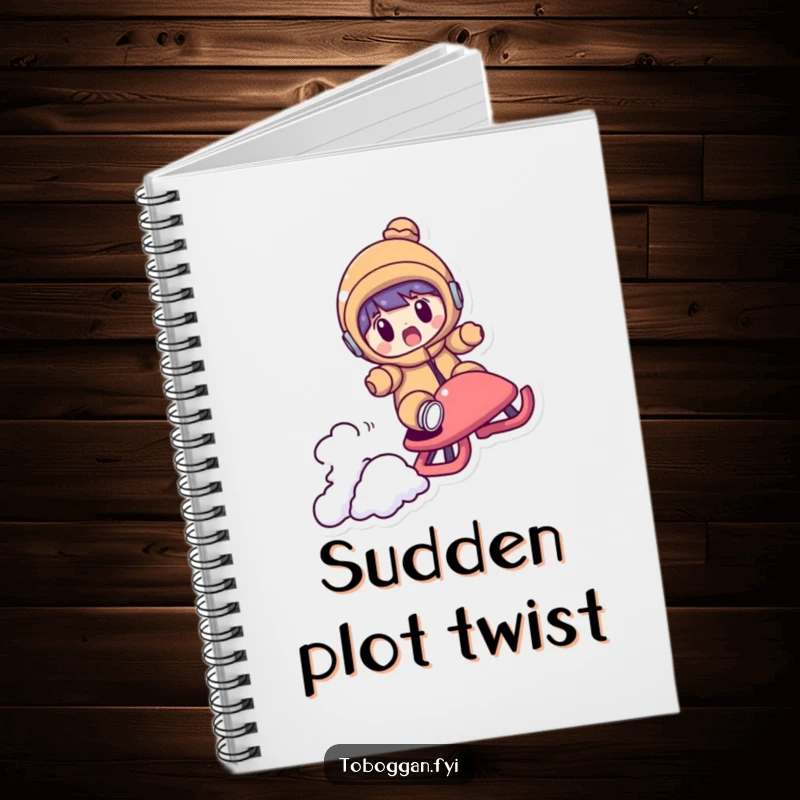 Funny notebook cover featuring a character looking shocked as their sled flies over a small bump, inspiring the recording of surprising thoughts.