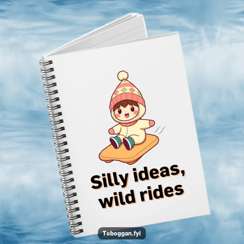 Funny notebook cover with a character in a silly hat, enjoying a thrilling toboggan ride down a snowy landscape.