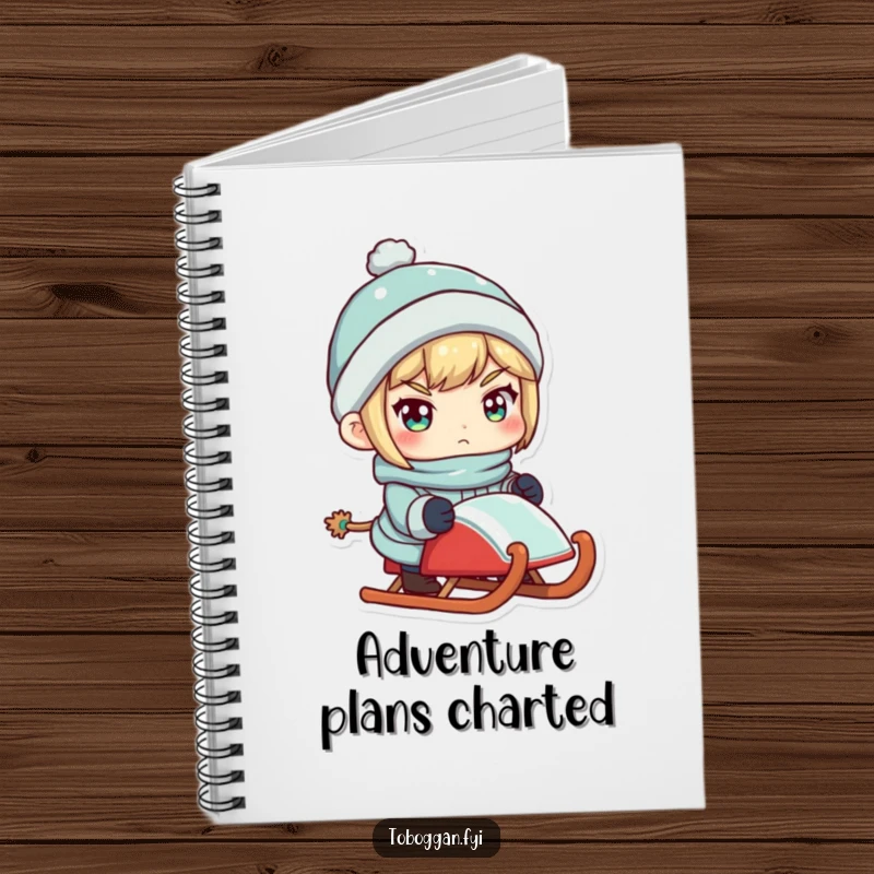 Funny notebook cover showing a determined character holding a sled, perfect for adventure planning.
