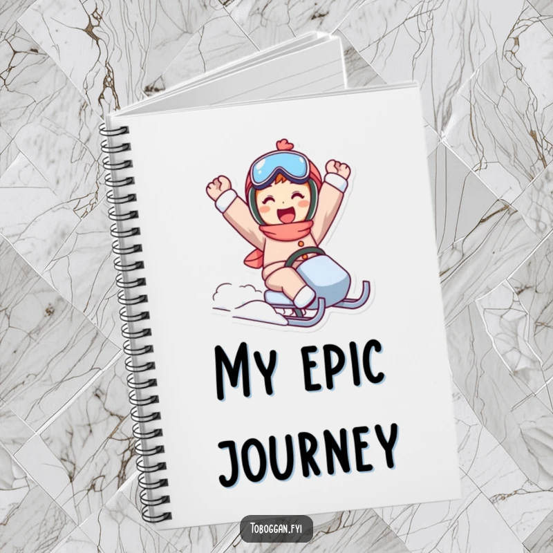 Funny sled ride notebook with a character in a triumphant pose, perfect for recording wins and plans.