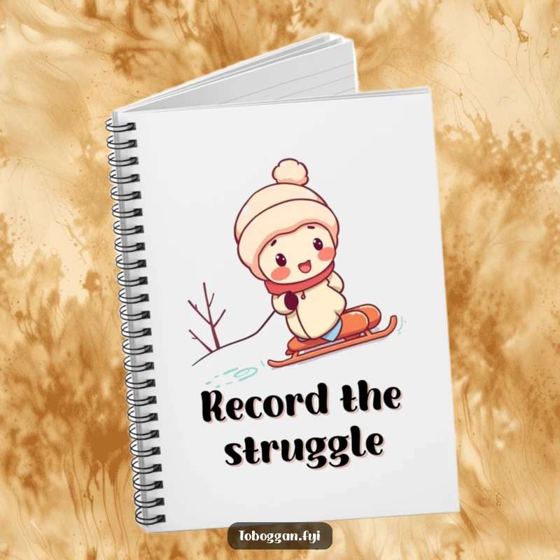Funny notebook cover shows a character with rosy cheeks, pushing a sled uphill with visible effort, depicting a humorous journey of progress.