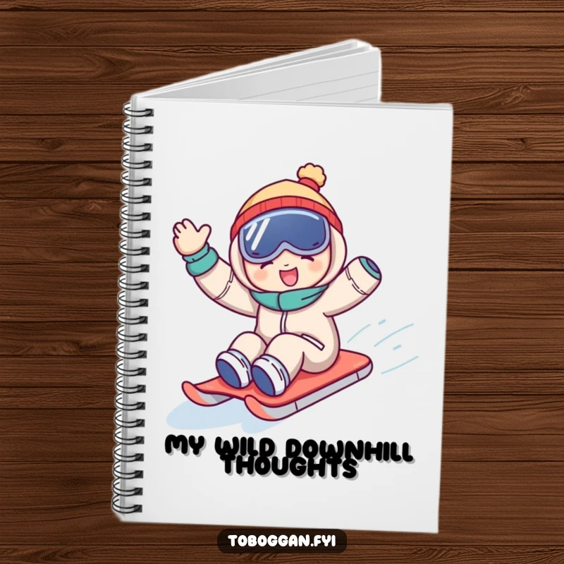 Funny notebook cover with a character joyfully waving while sledding downhill, ideal for capturing notes with a humorous, energetic theme.