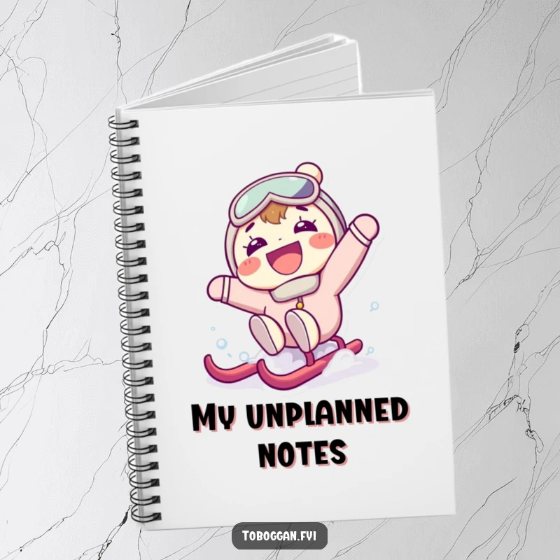 Funny notebook cover showing a character with a huge grin, hilariously falling backward off a sled in surprise, inspiring creative writing.