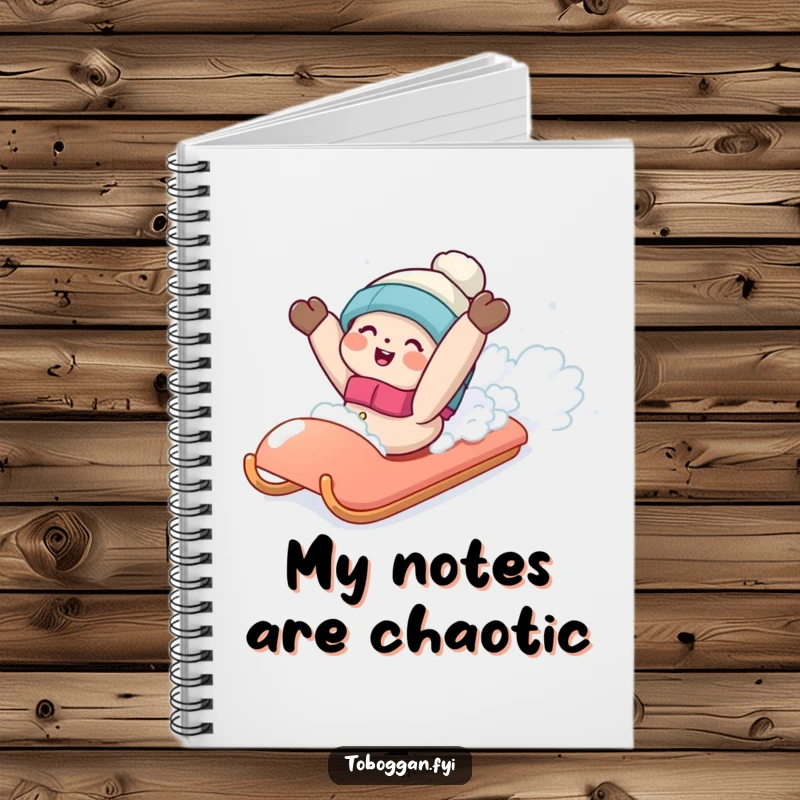 Funny notebook cover with a character gleefully falling backwards off a sled into a soft snowdrift.