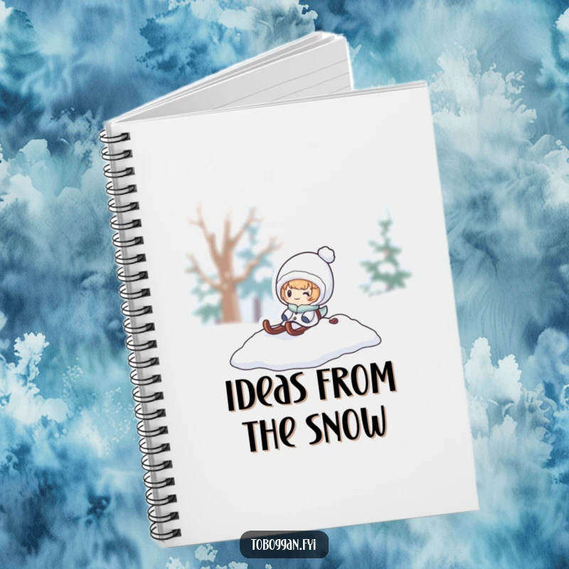 Funny snow sled notebook, a character pops out from a snowy pile, perfect for writing and winter-themed ideas.
