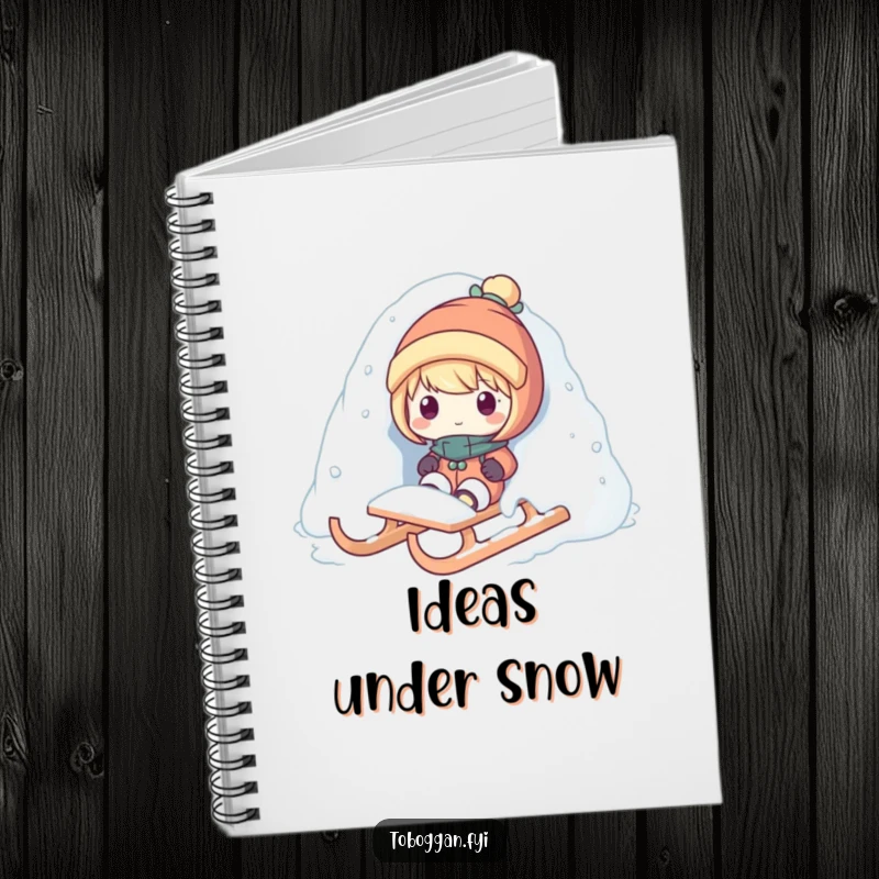 Funny snow surprise notebook with a character popping out from snow on a sled, perfect for jotting down ideas with winter cheer.
