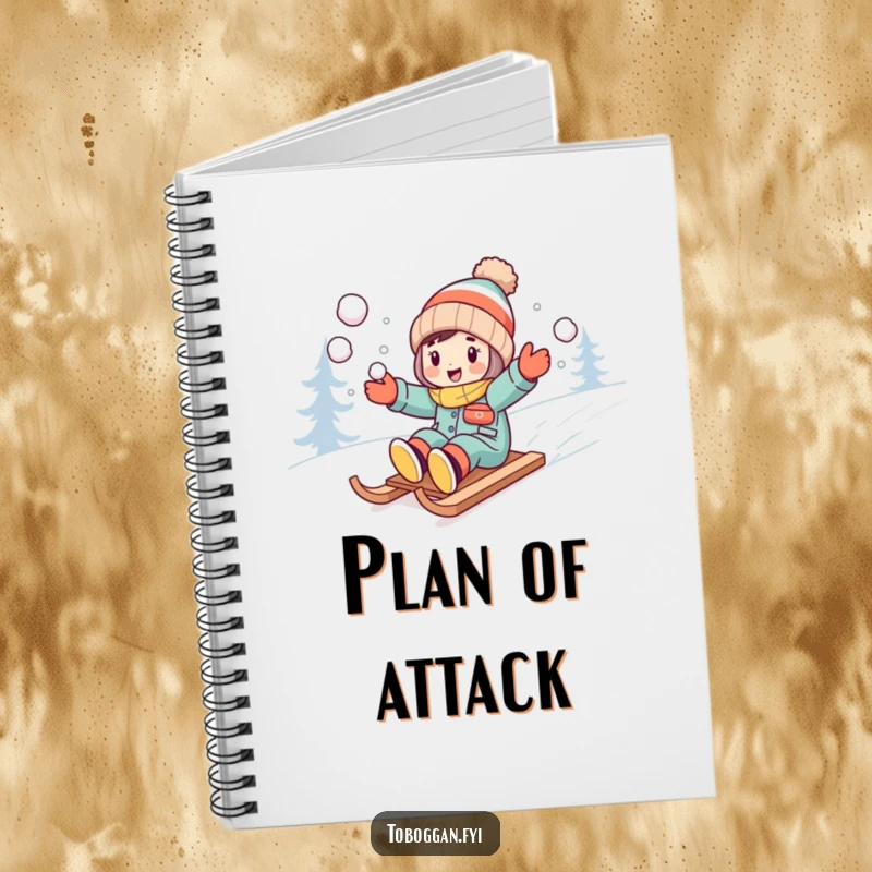 Funny character excitedly throwing snowballs while sledding downhill on a notebook.