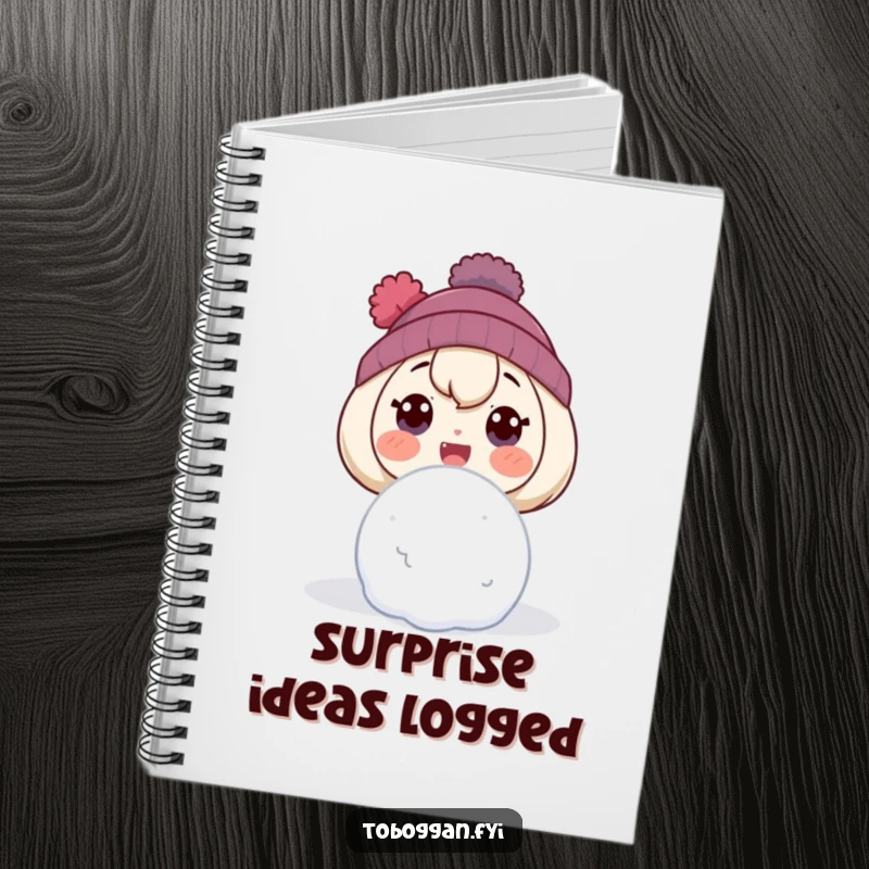 Funny notebook cover showing a character with a comically surprised expression, reacting to a snowball.