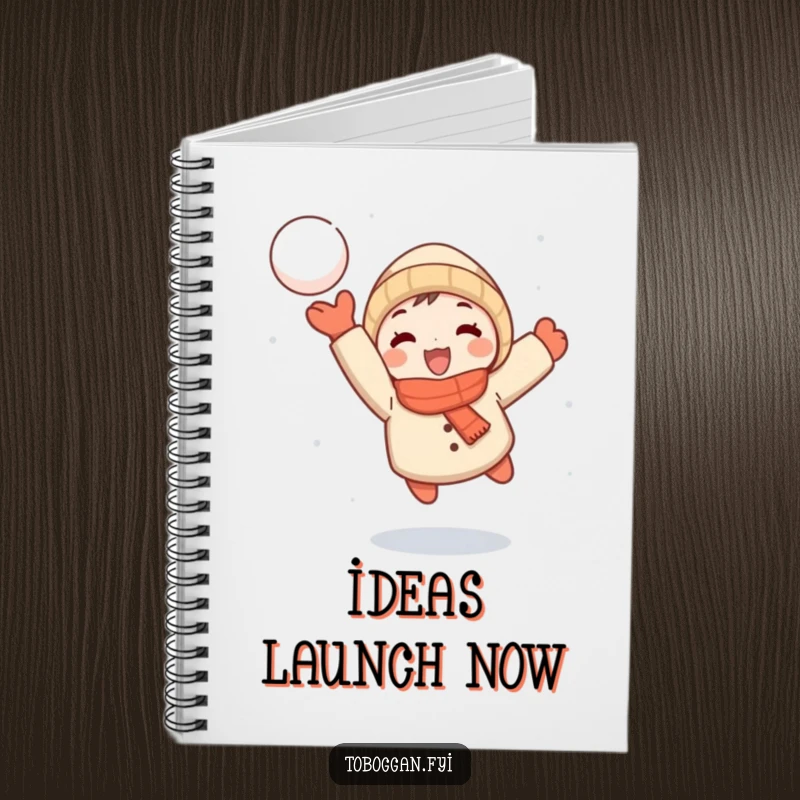 Funny notebook with a small cartoon character joyfully throwing a snowball mid-flight, perfect for capturing notes playfully.